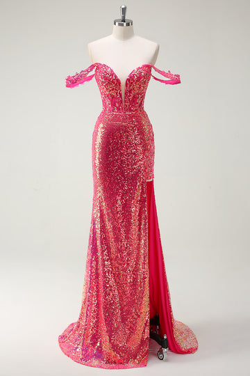 Fucsia sirena paillettes Off The Shoulder Abito da cerimonia